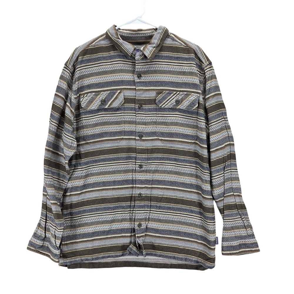 Patagonia Shirt Mens Large Brown Stripe Flannel Long Sleeve Button Organic 53947